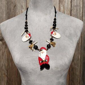 Vintage Santa Claus Christmas Necklace Wood Bells Beaded Ribbon